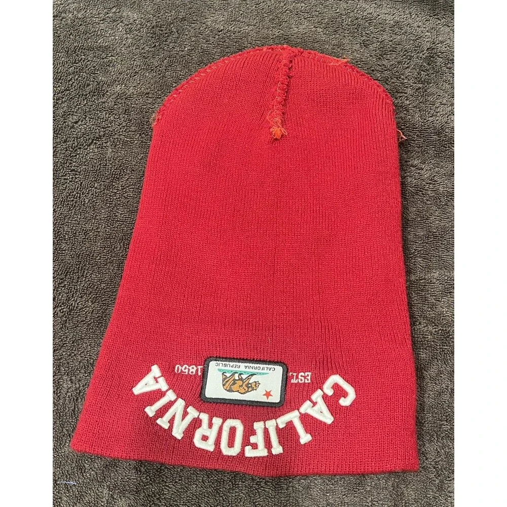 California Republic Red Knit Beanie Toboggan Bear Logo Cuffed Winter Hat OS
